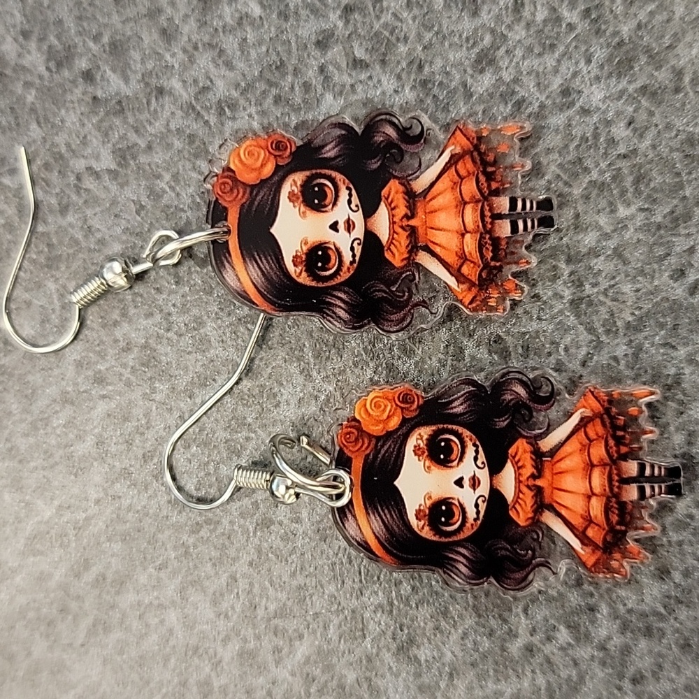 Sugar Skull Doll Earrings in Orange and Black